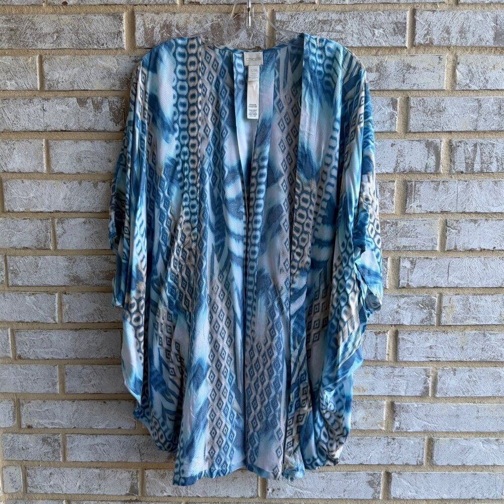 Chico's Short Sleeve Ocean Blue Geometric Open Front Cover Up Women's Size S/M